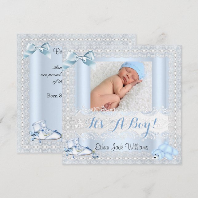 Geburtsankündigung Baby Boy Foto Schuhbär 4 Ankündigung (Vorne/Hinten)