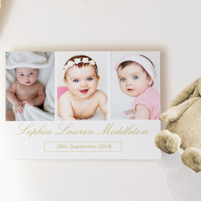 Geburtsankündigung Baby Foto Gold Farbschrift Postkarte (Von Creator hochgeladen)