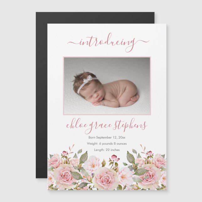 Geburtsankündigung - Boho Floral Baby Girl Foto Magnetkarte (Vorne/Hinten)