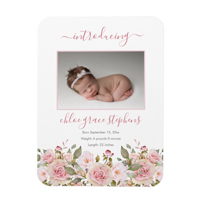 Geburtsankündigung - Boho Floral Girl Foto Magnet (Vertikal)