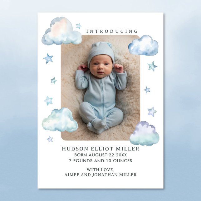 Geburtsankündigung Clouds & Stars Baby Boy Card Ankündigung (Birth announcement card with clouds and stars )