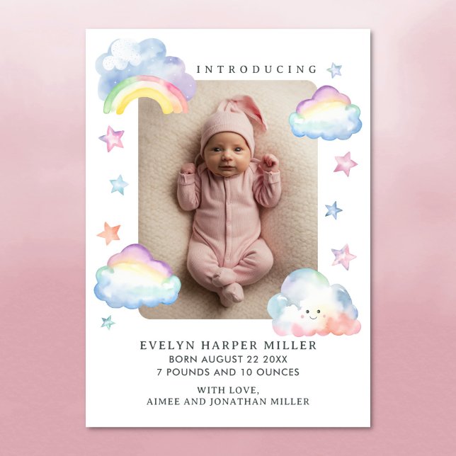 Geburtsankündigung Clouds & Stars Baby Girl Card Ankündigung (Birth announcement card with clouds, stars and rainbow)