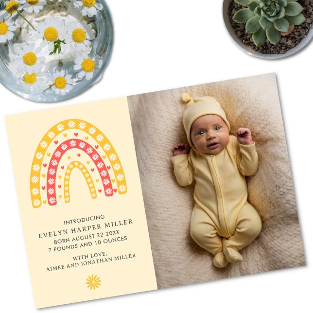 Geburtsankündigung Daisy Rainbow Yellow Card Ankündigung (Daisy rainbow birth announcement card)