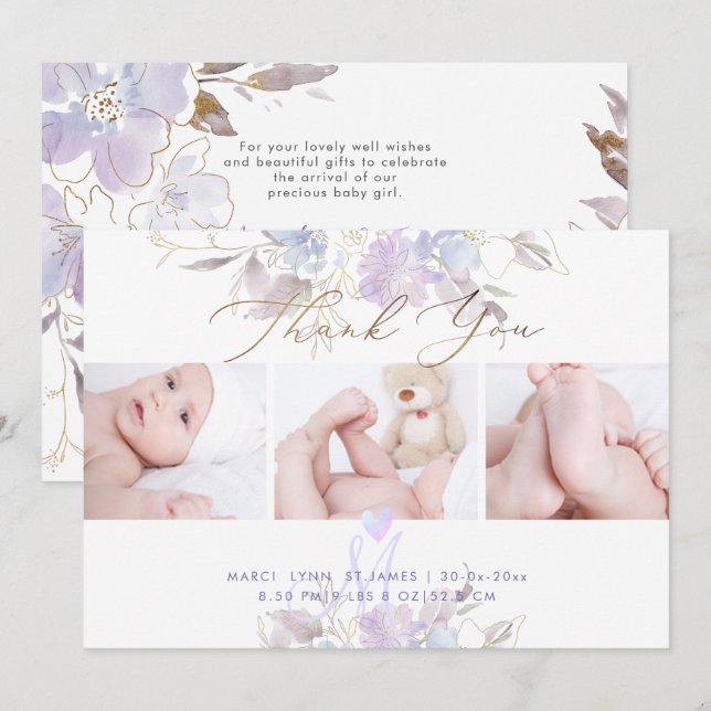 Geburtsankündigung Dusche Dank U Lila Sweet Pea Einladung (Vorne/Hinten)