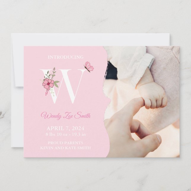 Geburtsankündigung Girl Initial W Einladung (Vorderseite)