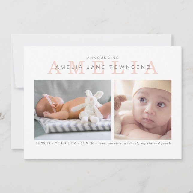 Geburtsankündigung Mädchen - Rosa und Grau Ankündigung (Vorderseite)