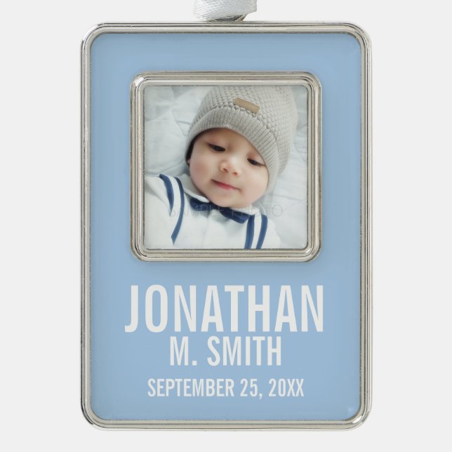 Geburtsankündigung mit dem Custom Newborn Baby Fot Rahmen-Ornament Silber (Vorderseite)
