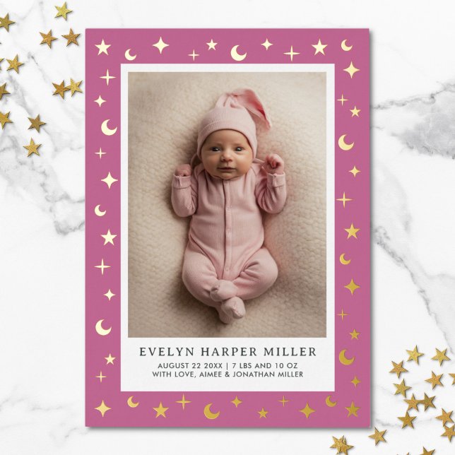Geburtsankündigung Mond & Stars Lilac Foil Card Folieneinladung (moon and stars birth announcement card with gold foil)
