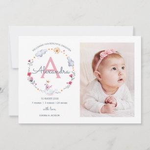 Geburtsankündigung Monogramm Prinzessin Schwan Dankeskarte