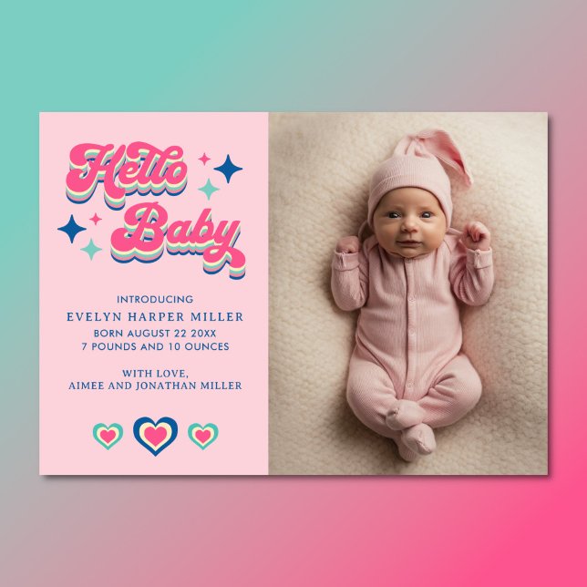 Geburtsankündigung Retro Groovy Hello Baby Card Ankündigung (Groovy hello baby birth announcement card)