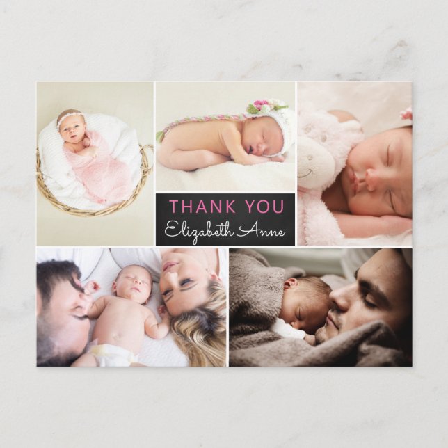 Geburtsankündigung Vielen Dank Foto Collage Postkarte (Vorderseite)