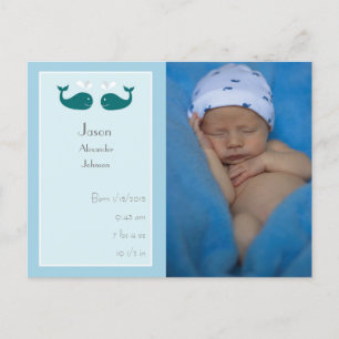 Geburtsankündigung von Baby Boy Postcard mit Walen Ankündigungspostkarte