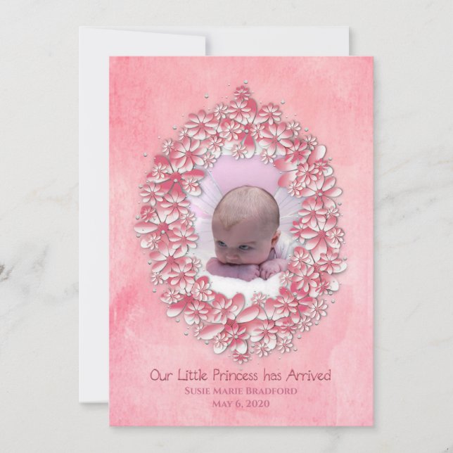 Geburtsankündigung von Baby Girl, Rosa, Foto/Name Einladung (Vorderseite)