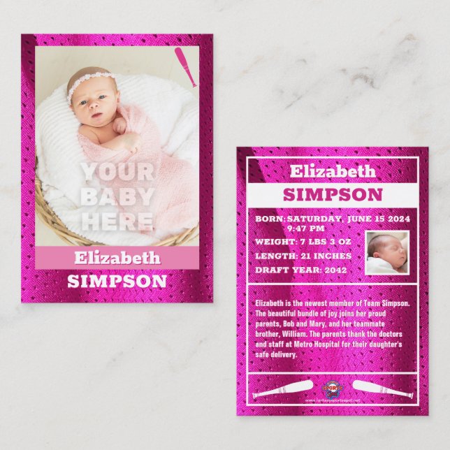 Geburtsankündigung von Baby's First Baseball Card  Telefonnummerkarte (Vorne/Hinten)