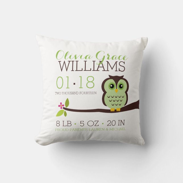 Geburtsankündigung von Green Owl Baby Kissen (Vorderseite)