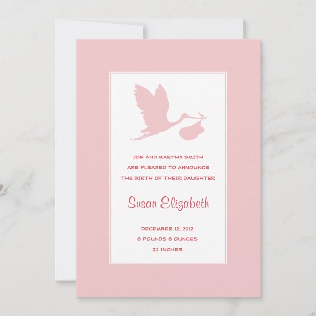 Geburtsankündigung von Rosa Stork Ankündigung (Vorderseite)