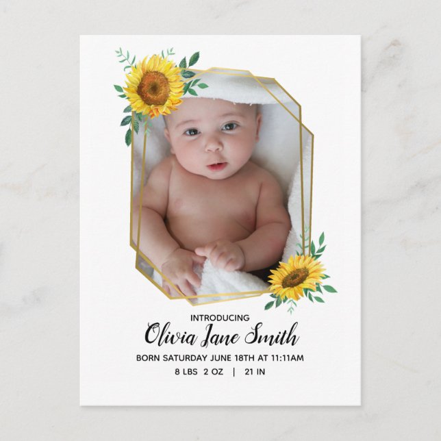 Geburtsankündigung von Sunflower Baby Ankündigungspostkarte (Vorderseite)
