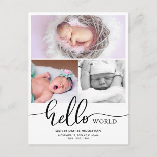 Geburtsanzeige Hello World Fotocollage Ankündigungspostkarte
