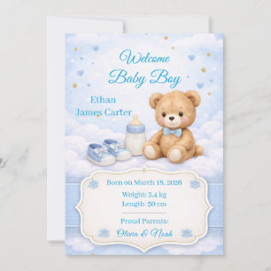 Geburtsanzeige Karte Baby Junge Blauer Teddybär