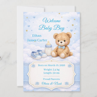 Geburtsanzeige Karte Baby Junge Blauer Teddybär