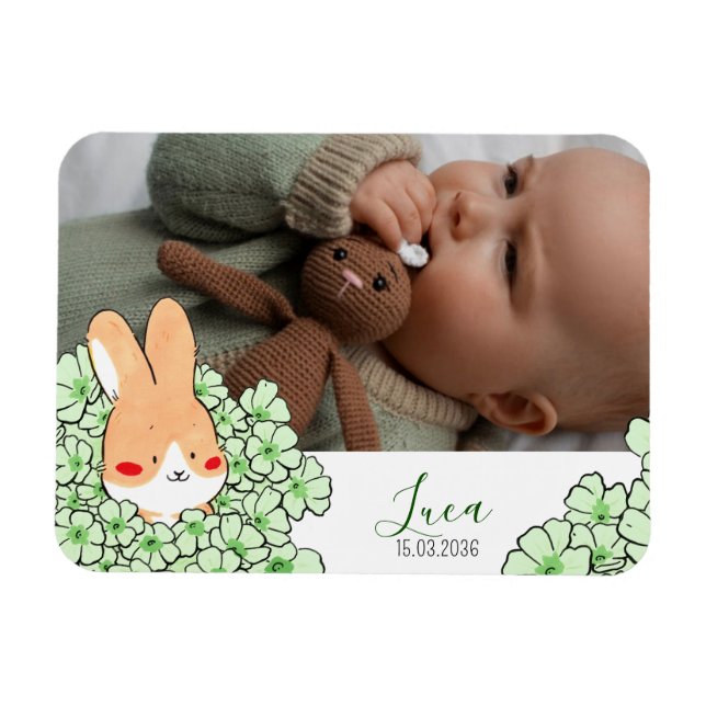 Geburtsanzeige Magnet Hase und Blumen (Horizontal)