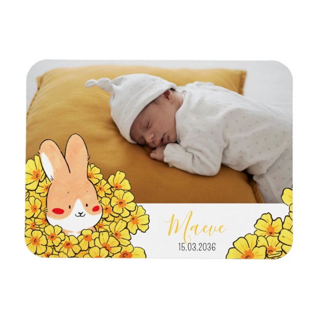 Geburtsanzeige Magnet Hase und Blumen (Horizontal)