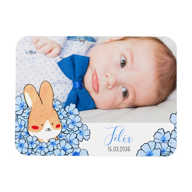 Geburtsanzeige Magnet Hase und Blumen (Horizontal)