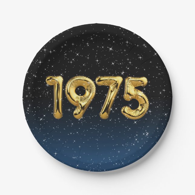 Geburtsballons 1975 in Sternen Pappteller (Vorderseite)