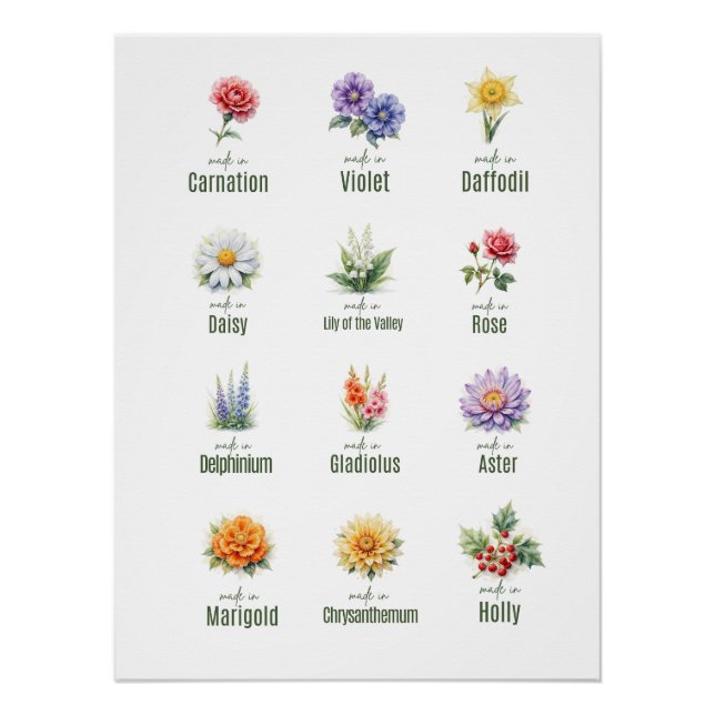 Geburtsblumenstrauß Poster | Aquarell Blumen  (Vorderseite)