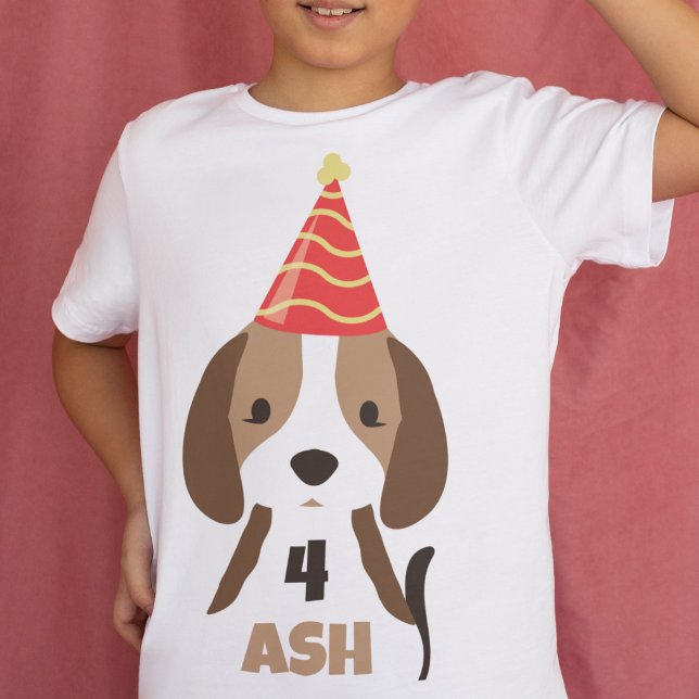 Geburtsdatum: Name und Alter des niedlichen Kinder Kleinkind T-shirt (birthday t-shirt with age and name puppy dog with party hat )