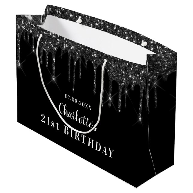 Geburtsdatum Schwarz-weißer Glitzer Tropfen Name Große Geschenktüte (Rückseite Schrägansicht)