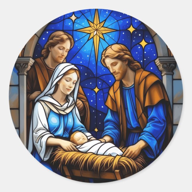 Geburtsgeschichte Buntglas Weihnachtsfenster Runder Aufkleber (Vorderseite)