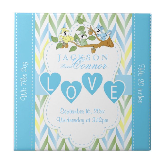 Geburtsinformation - Pastel Blue Baby Eichhörnchen Fliese (Vorderseite)