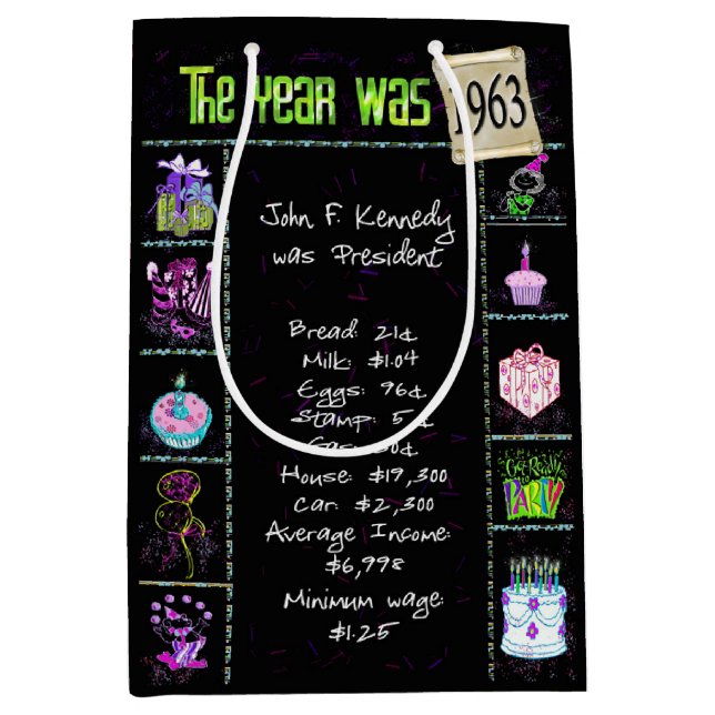 Geburtsjahr 1963 Fun Trivia auf schwarz Mittlere Geschenktüte (Vorderseite)