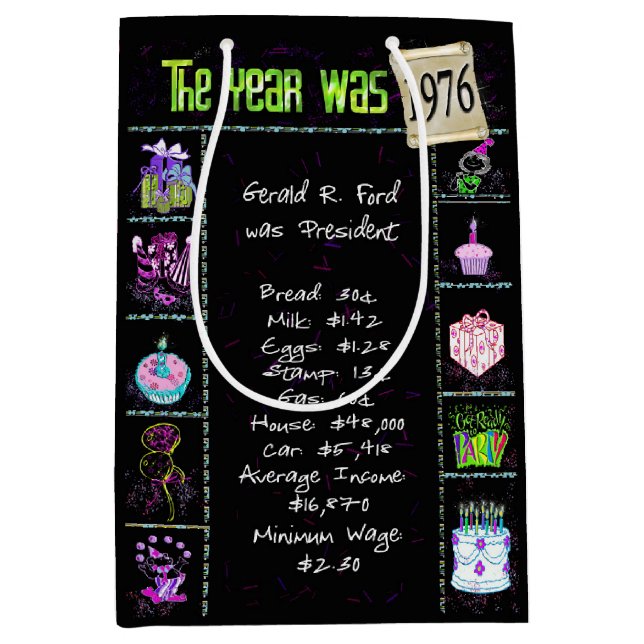 Geburtsjahr 1976 Fun Trivia auf schwarz Mittlere Geschenktüte (Vorderseite)