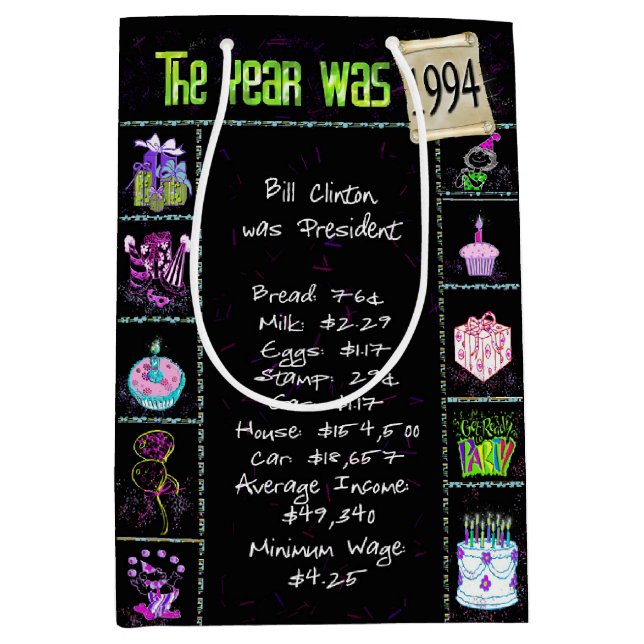 Geburtsjahr 1994 Fun Trivia auf schwarz Mittlere Geschenktüte (Vorderseite)