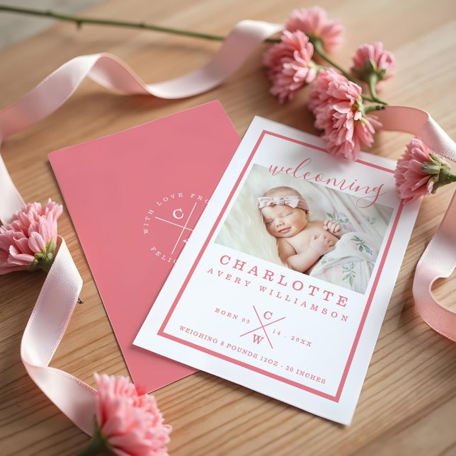 Geburtskarte des Kindes - Modernes Rosa und Weiß Ankündigung (Baby Birth Announcement Card - Modern Pink & White)