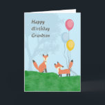 Geburtskarte für Grandson mit Füchsen Karte<br><div class="desc">Grandson Geburtstagskarte mit zwei niedlichen Füchsen,  drei bunten Ballons,  grünem Gras und einem Baum auf hellblauem Hintergrund. Dank der hungrigen jpeg für einige der Elemente in der Gestaltung.</div>