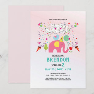 Geburtskarte mit Elefanten und Vögeln Einladung