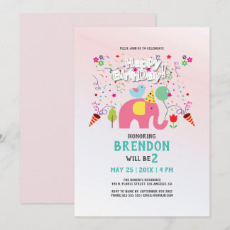 Geburtskarte mit Elefanten und Vögeln Einladung