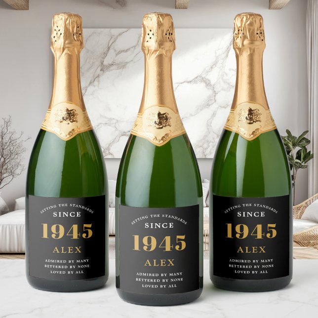 Geburtsname 1945 Black Gold Elegant Chic (Custom 80th birthday sparkling wine labels on 3 bottles in modern room )