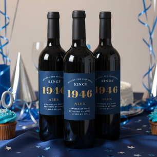 Geburtsname 1946 Blue Gold Elegant Chic Weinetikett