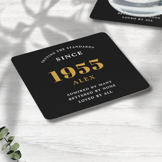 Geburtsname 1955 Black Gold Elegant Chic Rechteckiger Pappuntersetzer (Personalized 70th birthday paper party coasters)