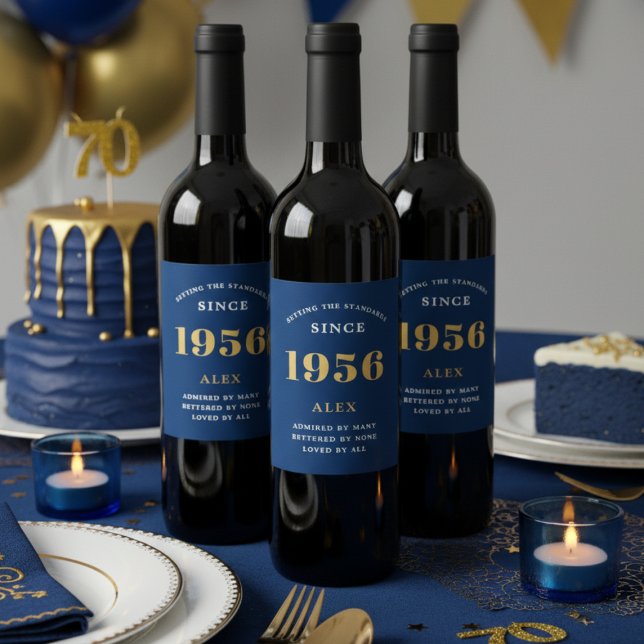 Geburtsname 1956 Blue Gold Elegant Chic Weinetikett (Blue 70th birthday wine bottle labels on red wine bottles)