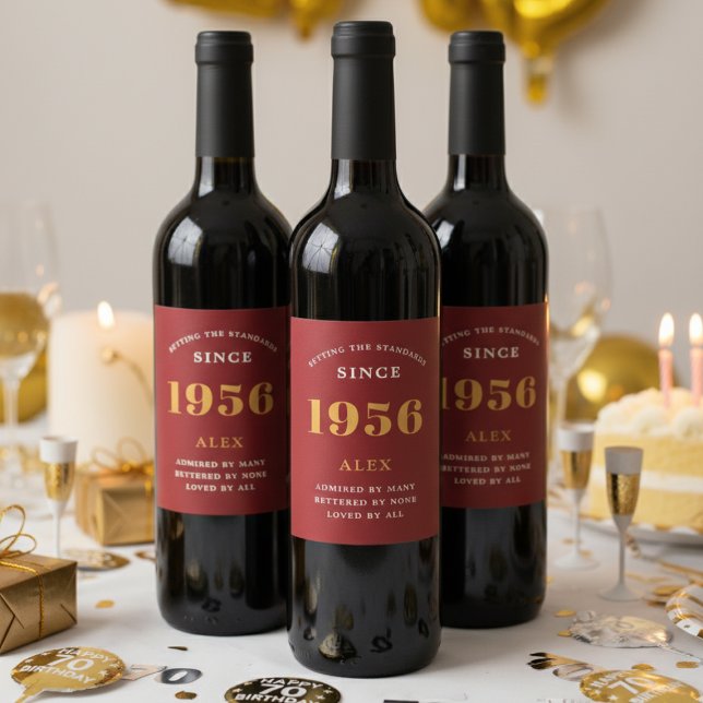 Geburtsname 1956 Red Gold Elegant Chic Weinetikett (70th birthday Personalized wine bottle labels)