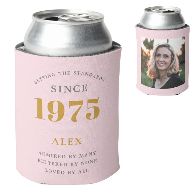 Geburtsname 1975 Chic Pink Gray Foto Dosenkühler (Personalized pink 50th birthday can cooler with custom photograph and name.)