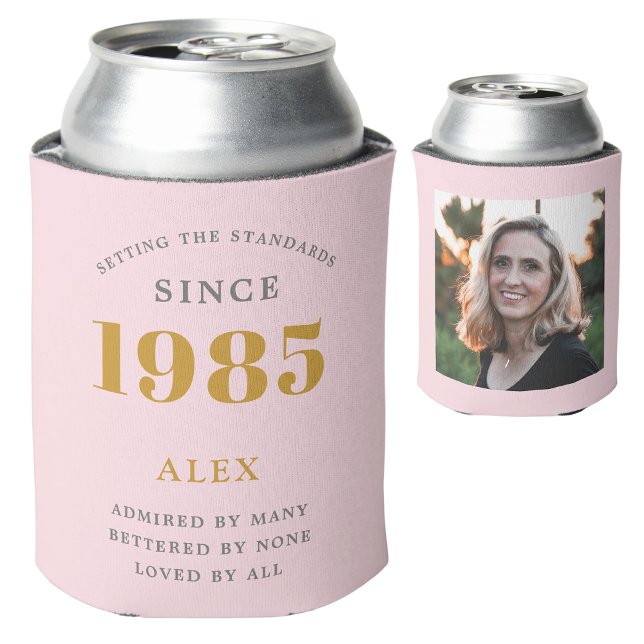 Geburtsname 1985 Chic Pink Gray Foto Dosenkühler (pink gold grey personalized 40th birthday can cooler with photograph)