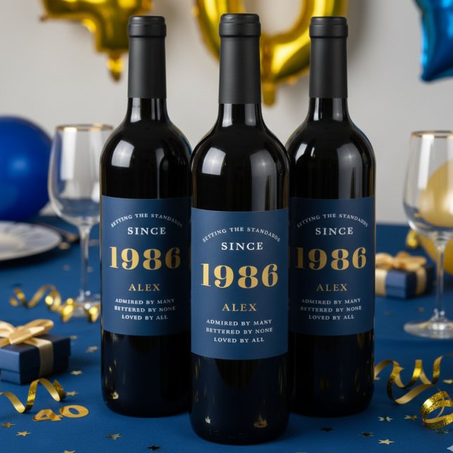 Geburtsname 1986 Blue Gold Elegant Chic Weinetikett (40th Birthday blue wine bottle labels on red wine bottles.)