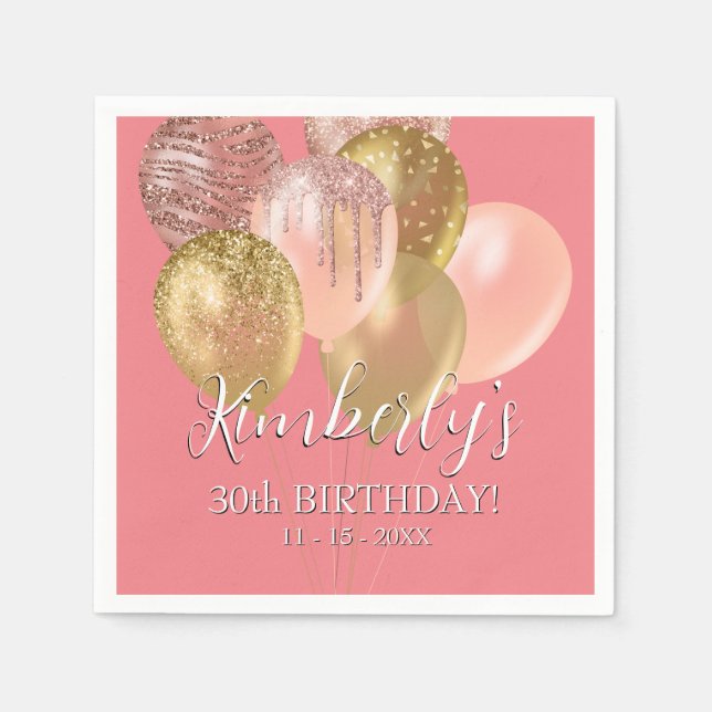 Geburtsname Gold Glitzer Balloons Alter Datum Kora Serviette (Vorderseite)