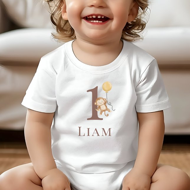 Geburtsnummer des kleinen Affen Baby T-shirt (Toddler wearing a white T-Shirt with the number 1 and a monkey holding a balloon.)